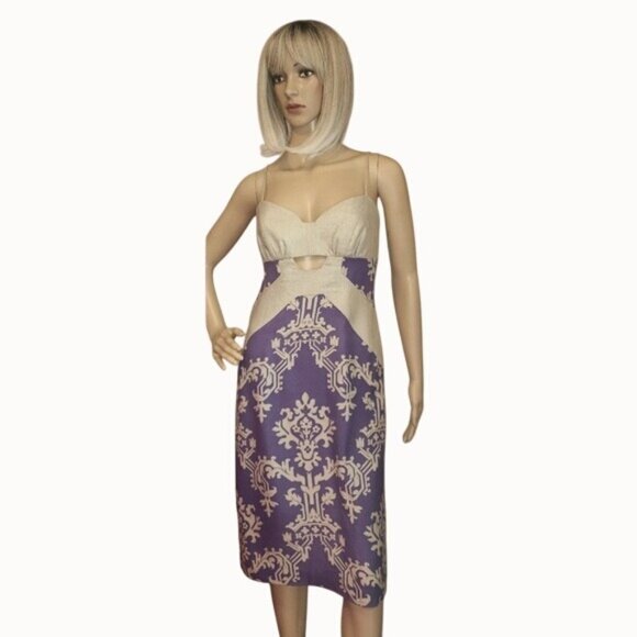 Nicole Miller Strappy Beige & Purple Cutout Midi Dress With Ornate Print Size M - Picture 1 of 11